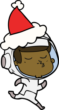 Bir insan tarafından çizilmiş Noel Baba şapkası giyen kendinden emin bir astronotun el çizimi.