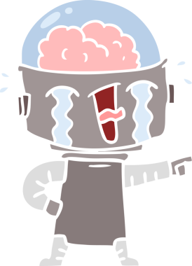 Düz renkli çizgi film ağlayan robot insan tarafından çizilmiş.