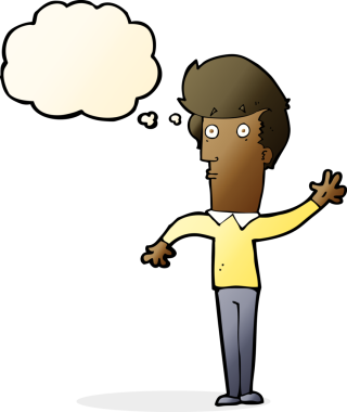 Bir insan tarafından çizilmiş düşünce baloncuğuyla el sallayan sinirli bir adam.