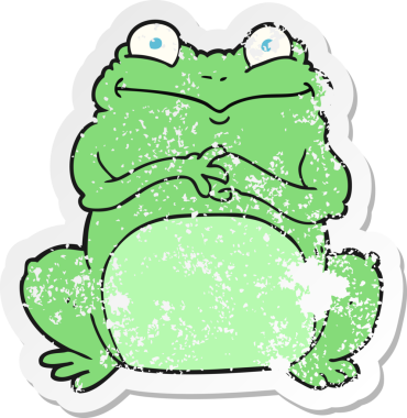 Bir insan tarafından çizilmiş komik bir kurbağanın gerilmiş çıkartması.