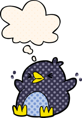 Çizgi roman tarzında bir insan tarafından çizilmiş düşünce baloncuğu olan penguen.