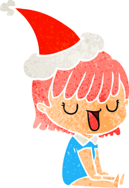 Bir insan tarafından çizilmiş Noel Baba şapkası giyen bir kadının el çizimi karikatürü.