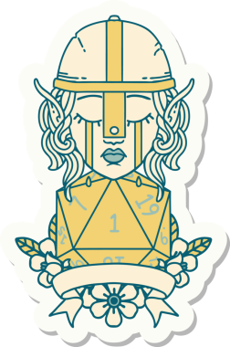 Ağlayan bir elf savaşçı karakterinin çıkartması. Doğal bir insan tarafından çizilmiş bir D20 rulo.