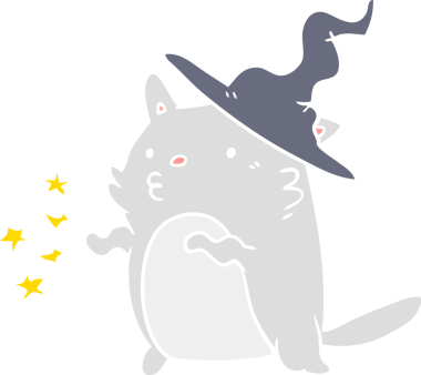 Bir insan tarafından çizilmiş düz renk çizgi film kedi sihirbazı