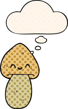 Çizgi roman tarzında bir insan tarafından çizilmiş düşünce baloncuklu mantar.