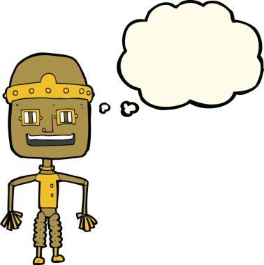 Bir insan tarafından çizilmiş düşünce baloncuklu komik robot.