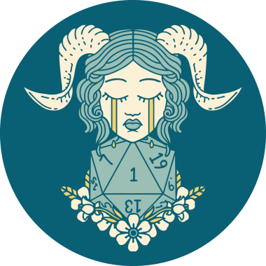 Ağlama ikonu, bir insan tarafından çizilmiş doğal bir D20 zar ile bağlanıyor.