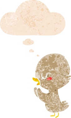 Düşünce baloncuğu ve grunge ile ördek yavrusu bir insan tarafından çizilmiş sıkıntılı retro dokuma