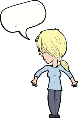 Bir insan tarafından çizilmiş konuşma baloncuğuyla omuz silken çizgi film kadını.