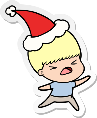 Bir insan tarafından çizilmiş Noel Baba şapkası giyen stresli bir adamın el yazısı.