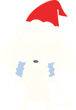 Sevimli el çizimi düz renk çizimi, bir insan tarafından çizilmiş Noel Baba şapkası takan bir köpeğin ağlaması.