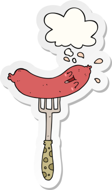 Düşünce baloncuğu ile çatallı mutlu sosis insan tarafından çizilmiş bir çıkartma.