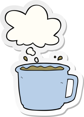 Düşünce baloncuklu çizgi film kahve fincanı insan tarafından çizilmiş bir çıkartma.