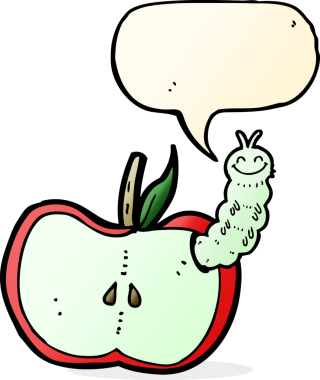 bir insan tarafından çizilmiş konuşma balonlu bir böcek ile çizgi film elması