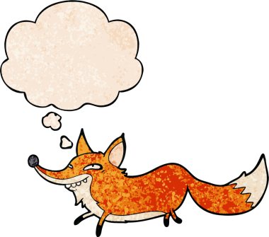 bir insan tarafından çizilmiş grunge doku tarzında düşünce baloncuğu olan kurnaz tilki çizgi filmi