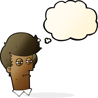 Bir insan tarafından çizilmiş düşünce baloncuğu olan şaşı gözlü çizgi film adamı.