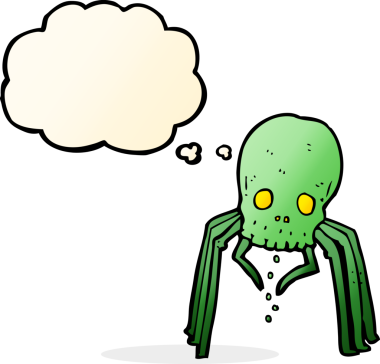 Bir insan tarafından çizilmiş düşünce baloncuklu korkunç kafatası örümceği.