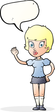 Bir insan tarafından çizilmiş konuşma balonuyla el sallayan güzel kız.