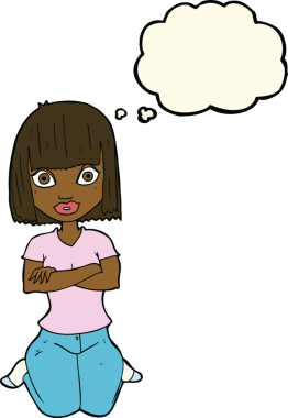 Bir insan tarafından çizilmiş düşünce baloncuğuyla diz çöken çizgi film kadını.