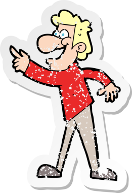 Bir insan tarafından çizilmiş, gülen ve işaret eden bir çizgi film karakterinin gerilemiş retro yapıştırması.