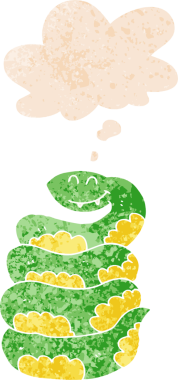 Düşünce baloncuklu çizgi film yılanı grunge dertli eski moda bir insan tarafından çizilmiş.