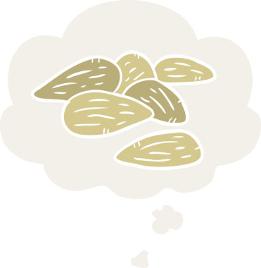 Düşünce baloncuğu olan çizgi film bademleri insan tarafından çizilmiş.