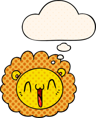 Çizgi roman tarzında bir insan tarafından çizilmiş düşünce kabarcığı olan çizgi film aslanı yüzü.