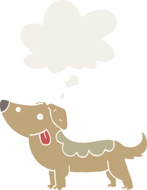 Düşünce baloncuğu olan bir insan tarafından çizilmiş çizgi film köpeği.