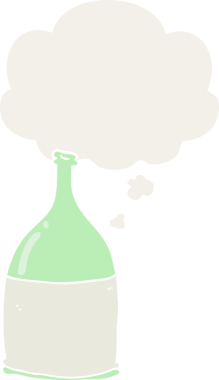 Düşünce baloncuklu karikatür şişesi insan tarafından çizilmiş.