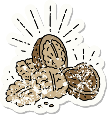 Bir insan tarafından çizilmiş eski dövme stili ceviz etiketi.