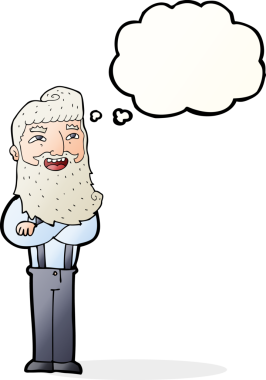 Bir insan tarafından çizilmiş düşünce balonlu sakallı mutlu adam çizgi filmi.