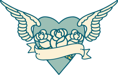 Kanatlı, çiçek ve bir insan tarafından çizilmiş bir kalbin ikonik dövme görüntüsü.