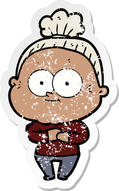 Bir insan tarafından çizilmiş mutlu, yaşlı bir kadının sıkıntılı çıkartması.