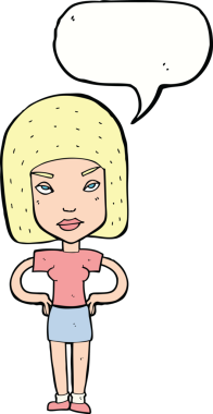 Bir insan tarafından çizilmiş konuşma baloncuğuyla rahatsız bir kadın.