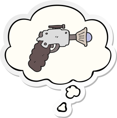 Düşünce baloncuklu çizgi film ışın tabancası insan tarafından çizilmiş bir çıkartma.