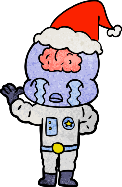 Bir insan tarafından çizilmiş Noel Baba şapkasıyla ağlayan büyük beyinli bir uzaylının el yapımı karikatürü.