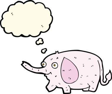 Bir insan tarafından çizilmiş düşünce baloncuklu komik küçük fil.