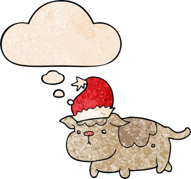 Bir insan tarafından çizilmiş grunge desenli düşünce baloncuğu olan şirin bir Noel köpeği.