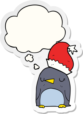 Bir insan tarafından çizilmiş bir çıkartma olarak düşünce baloncuğu olan şirin bir Noel pengueni.