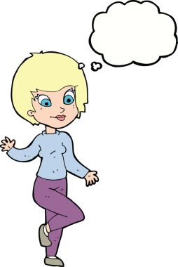 Bir insan tarafından çizilmiş düşünce baloncuğuyla el sallayan çizgi film kadını.