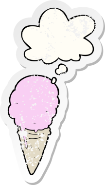 Düşünce baloncuklu çizgi film dondurması insan tarafından çizilmiş yıpranmış bir çıkartma gibi.