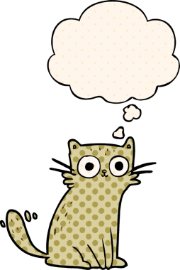 Çizgi roman tarzında düşünce baloncuğu olan çizgi film kedisi insan tarafından çizilmiş.