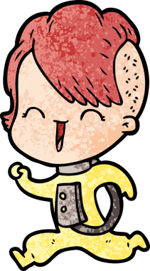 Bir insan tarafından çizilmiş uzay elbisesi giyen mutlu hippi kız çizgi filmi.