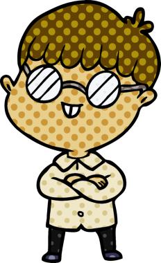 Bir insan tarafından çizilmiş gözlük takan çizgi film çocuğu.