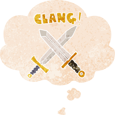 Düşünce baloncuğuyla yapılan karikatür dövüşü bir insan tarafından çizilmiş dertli retro stil.