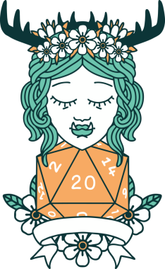 Retro Dövme Biçimli Ork karakteri bir insan tarafından çizilmiş 20 zar ile