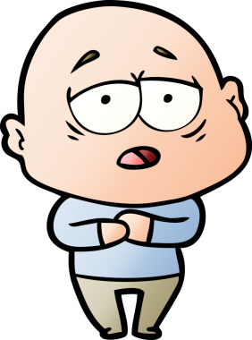 Bir insan tarafından çizilmiş yorgun, kel bir adam.