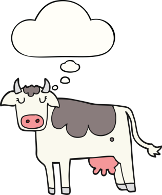 Bir insan tarafından çizilmiş düşünce balonlu çizgi film ineği.