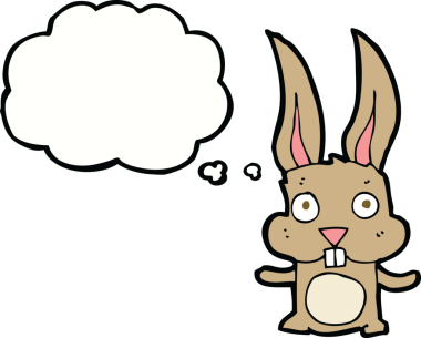 Bir insan tarafından çizilmiş düşünce kabarcığı olan çizgi film tavşanı.