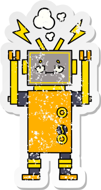 Bir insan tarafından çizilmiş arızalı bir robot çizgi film çıkartması.